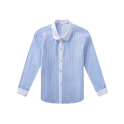Blue Stripe Children's White Unisex Long Sleeve Cotton Shirt for Kids Boys Girls 3-10Yrs - Aimall