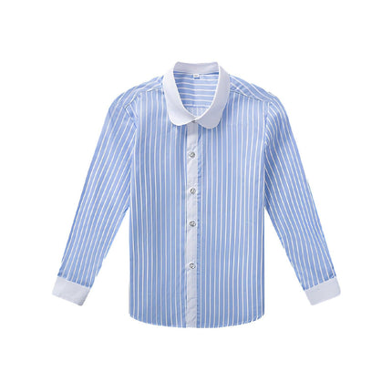 Blue Stripe Children's White Unisex Long Sleeve Cotton Shirt for Kids Boys Girls 3-10Yrs - Aimall