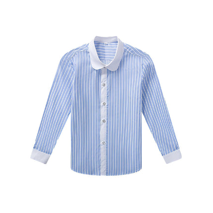 Blue Stripe Children's White Unisex Long Sleeve Cotton Shirt for Kids Boys Girls 3-10Yrs - Aimall