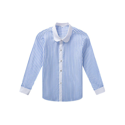 Blue Stripe Children's White Unisex Long Sleeve Cotton Shirt for Kids Boys Girls 3-10Yrs - Aimall