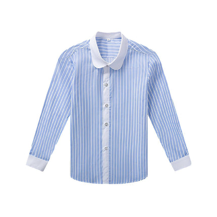 Blue Stripe Children's White Unisex Long Sleeve Cotton Shirt for Kids Boys Girls 3-10Yrs - Aimall