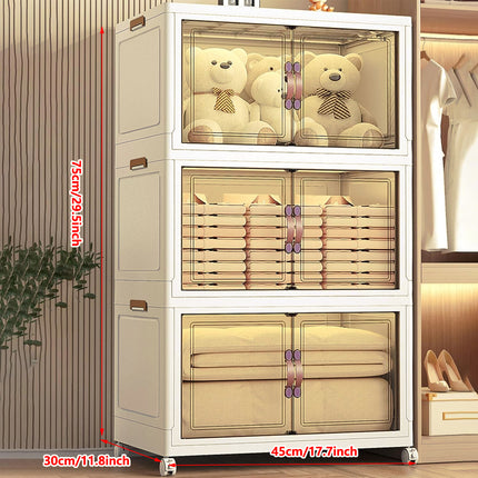 3 Tier Folding Storage Cabinet Shelf with Doors and Wheels for Home Office Dorm