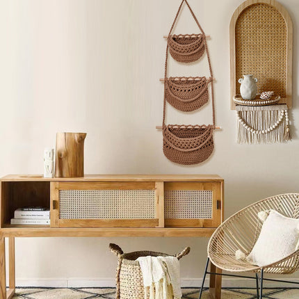 3-Tier Wall-Mounted Storage Basket Cotton Rope Brown Bohemian Woven