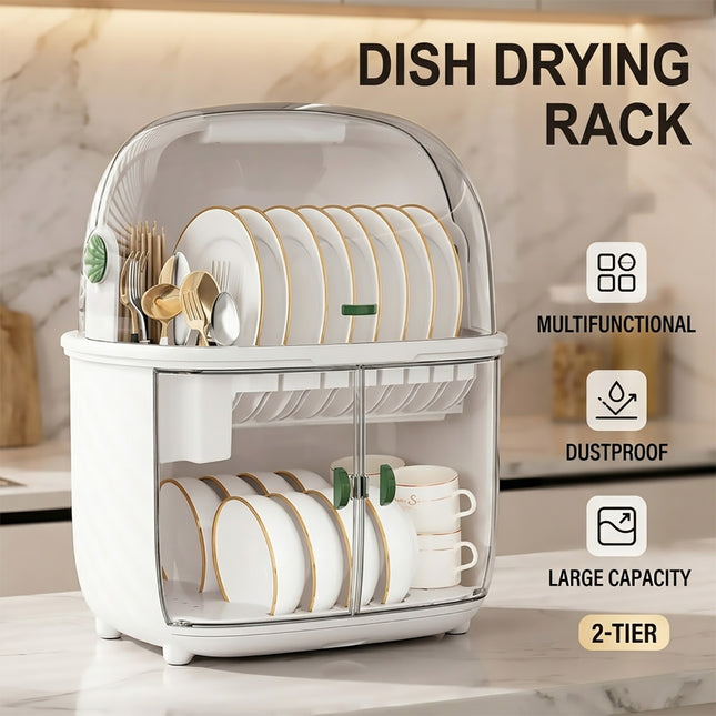 2 Tier Dustproof Dish Drying Rack with Clear Covers