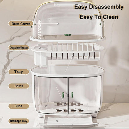 2 Tier Dustproof Dish Drying Rack with Clear Covers