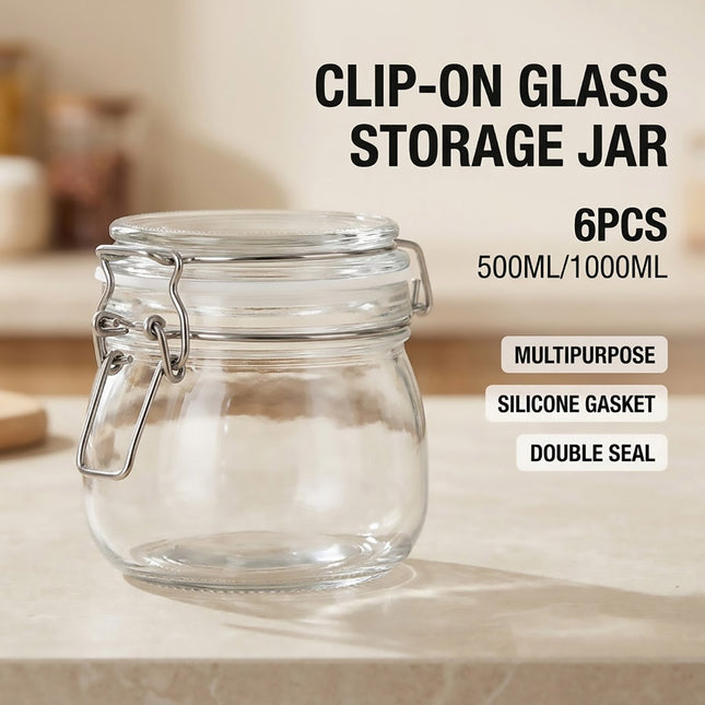Clip On Glass Storage Jars 500ml or 1000ml 6 Pack