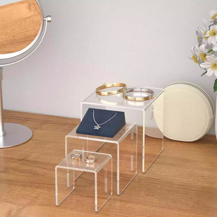 3PCS Clear Square Acrylic Display Stands for Jewelry Rings Watches Dessert Use