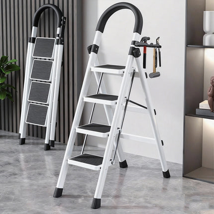 Folding 4 Step Ladder 120cm Carbon Steel White Frame Tool Rack for Home Kitchen