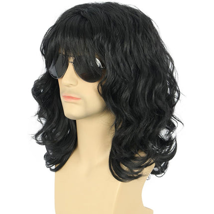 Mens Curly Wig 70s80s Style Medium Length Hair Costume Party Rock Star Look