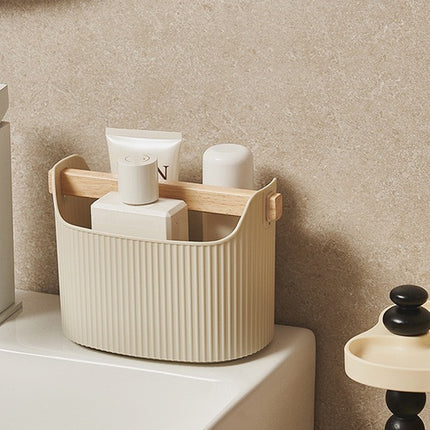 Desktop Storage Box 2PCS Ribbed Solid Wood Handle Cream Mint Home Bathroom