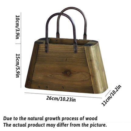 26cm Handbag Shape Flower Pot with Metal Handles in Natural Wood