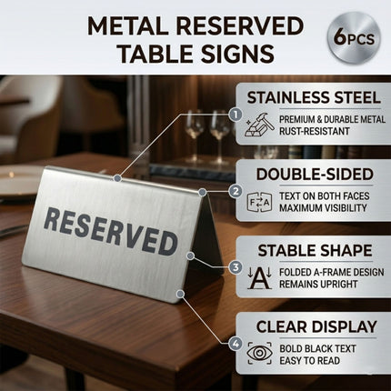 Stainless Steel Reserved Table Signs 6 Pack Tent Style