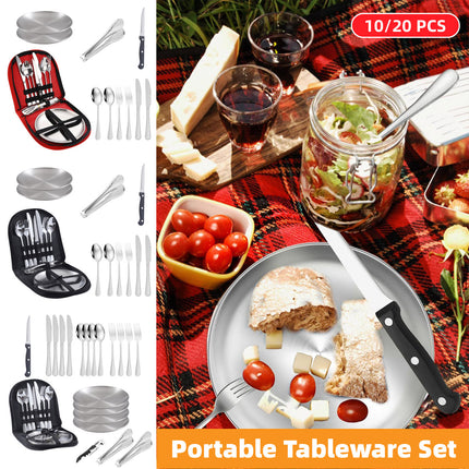 10/20PCS Camping Cutlery Set Outdoor Picnic Utensils Plates Spoons Forks Knives