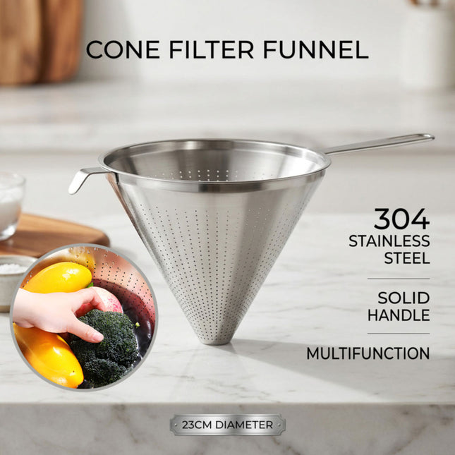 Stainless Steel Cone Filter Funnel 23cm Wide Kitchen Strainer Tool