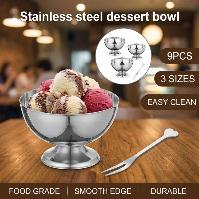 Stainless Steel Dessert Bowls Set of 9 Ice Cream Salad Cups with Forks