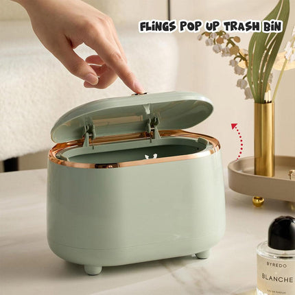 Small Desktop Trash Can Oval Pop Up Lid Rubbish Bin Waste Organizer Container