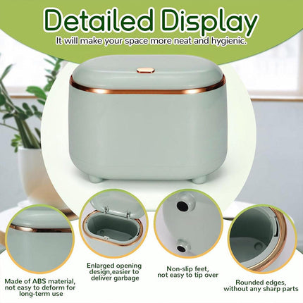 Small Desktop Trash Can Oval Pop Up Lid Rubbish Bin Waste Organizer Container