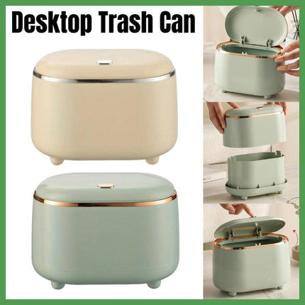 Small Desktop Trash Can Oval Pop Up Lid Rubbish Bin Waste Organizer Container