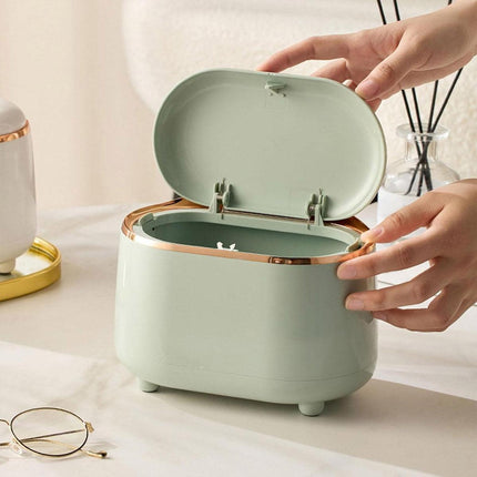 Small Desktop Trash Can Oval Pop Up Lid Rubbish Bin Waste Organizer Container