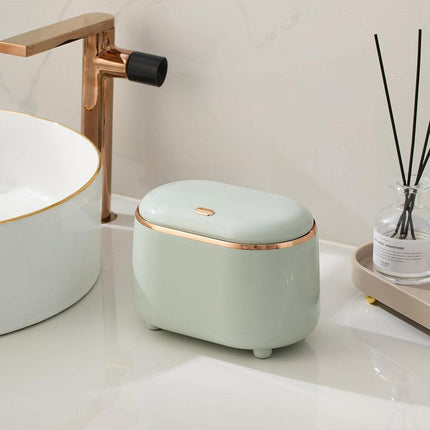 Small Desktop Trash Can Oval Pop Up Lid Rubbish Bin Waste Organizer Container