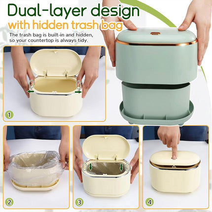 Small Desktop Trash Can Oval Pop Up Lid Rubbish Bin Waste Organizer Container