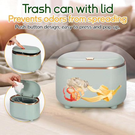 Small Desktop Trash Can Oval Pop Up Lid Rubbish Bin Waste Organizer Container