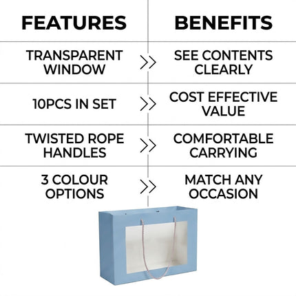 Transparent Window Gift Bags 10 Pack 3 Colours