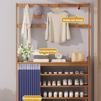 Multifunctional Bamboo Shoe Rack with Curtain for Entryway Shoes Hats Clothes