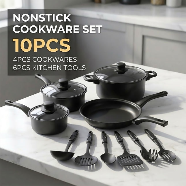 Black Nonstick Cookware and Utensil Set 10 Piece Iron