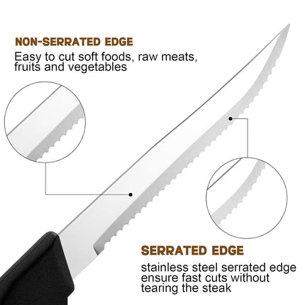 6pcs Stainless Steel Steak Knife Black Plastic Handle Cutlery For Kitchen Dining