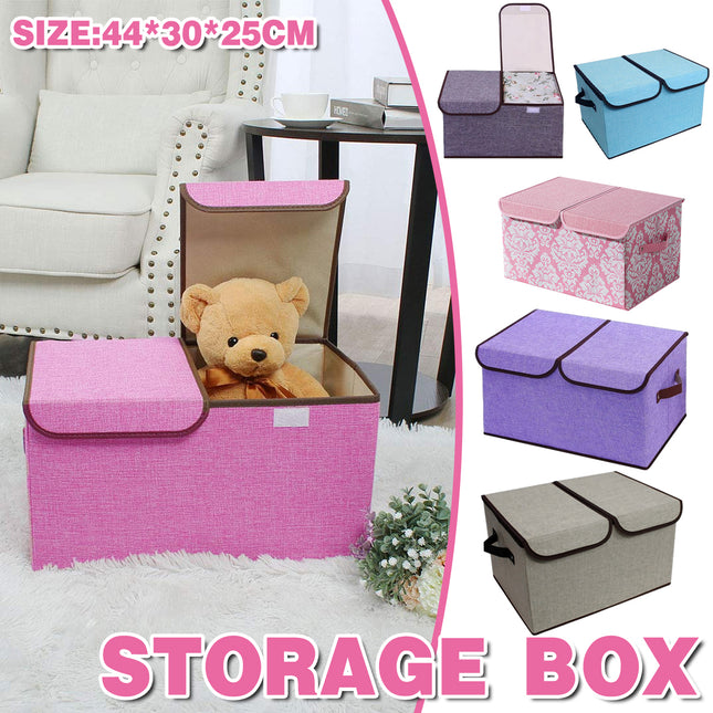 Large Foldable Cotton Linen Double Lid Storage Box Clothing Organizer for Dormitory