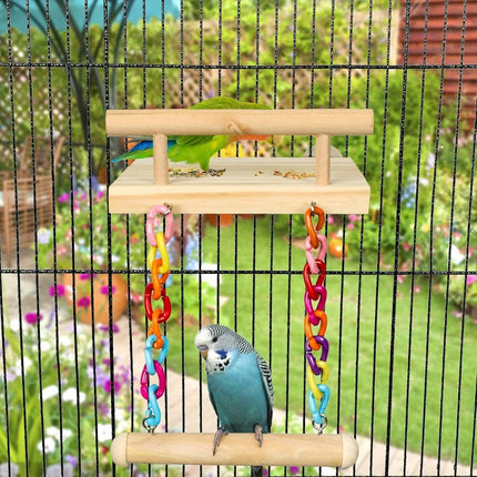 Bird Swing Parrot Cage Toy Wooden Swing with Beads and Bells Hanging Play