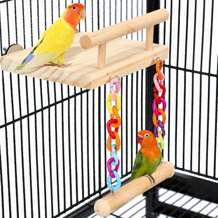 Bird Swing Parrot Cage Toy Wooden Swing with Beads and Bells Hanging Play