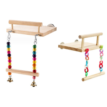 Bird Swing Parrot Cage Toy Wooden Swing with Beads and Bells Hanging Play