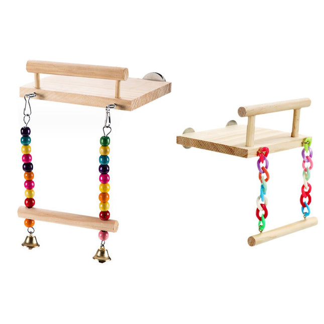 Bird Swing Parrot Cage Toy Wooden Swing with Beads and Bells Hanging Play