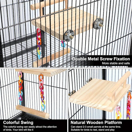 Bird Swing Parrot Cage Toy Wooden Swing with Beads and Bells Hanging Play