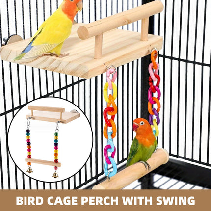 Bird Swing Parrot Cage Toy Wooden Swing with Beads and Bells Hanging Play