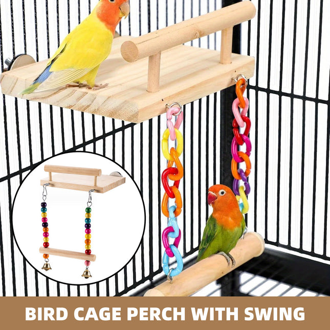 Bird Swing Parrot Cage Toy Wooden Swing with Beads and Bells Hanging Play