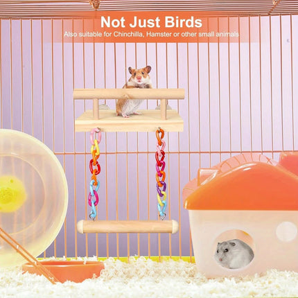 Bird Swing Parrot Cage Toy Wooden Swing with Beads and Bells Hanging Play