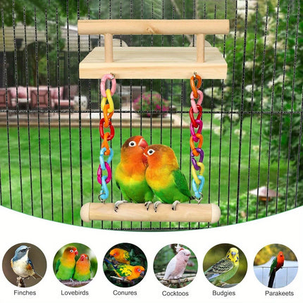 Bird Swing Parrot Cage Toy Wooden Swing with Beads and Bells Hanging Play
