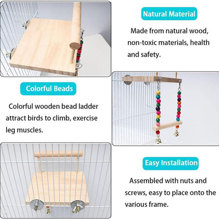 Bird Swing Parrot Cage Toy Wooden Swing with Beads and Bells Hanging Play