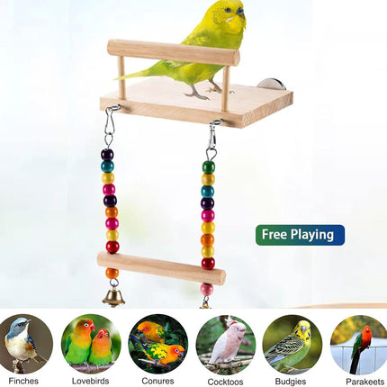 Bird Swing Parrot Cage Toy Wooden Swing with Beads and Bells Hanging Play