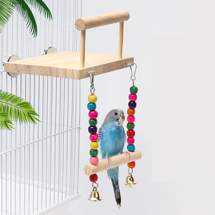 Bird Swing Parrot Cage Toy Wooden Swing with Beads and Bells Hanging Play