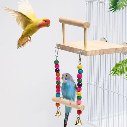 Bird Swing Parrot Cage Toy Wooden Swing with Beads and Bells Hanging Play