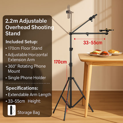 2.2m Adjustable Overhead Shooting Stand For Phone Camera DSLR Video Live Use