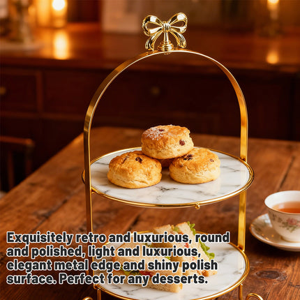 2 Tier Display Stand Gold Metal Frame Marble Trays 21x37cm for Party Wedding