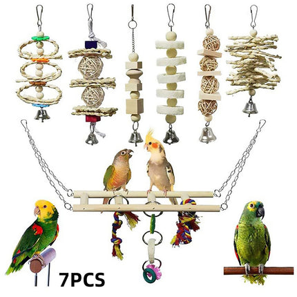 7PCS Parrot Bird Toy Set Natural Wooden Chew Cage Hanging Swing Boredom Relief
