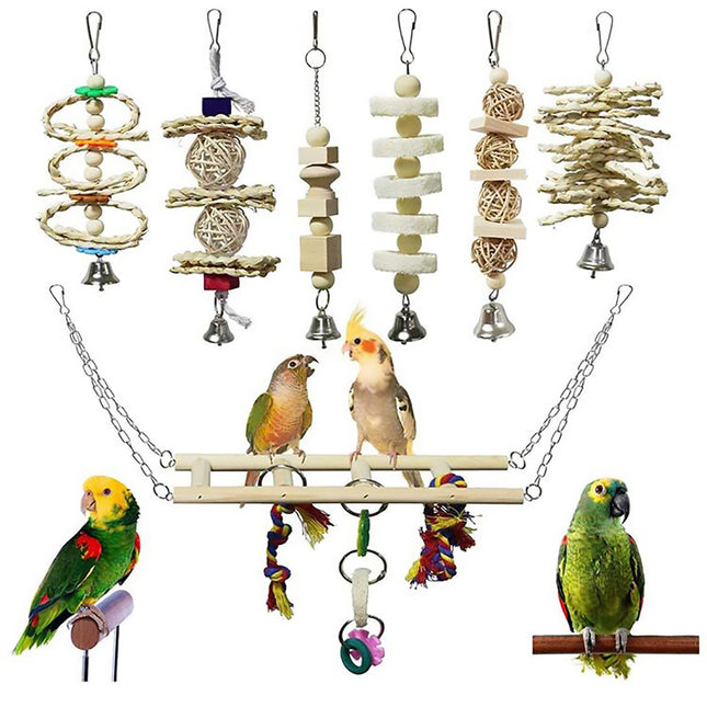 7PCS Parrot Bird Toy Set Natural Wooden Chew Cage Hanging Swing Boredom Relief