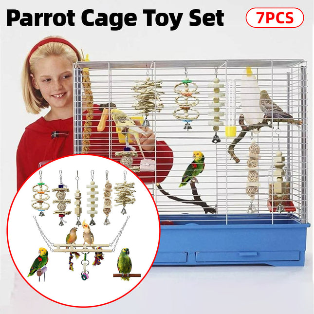 7PCS Parrot Bird Toy Set Natural Wooden Chew Cage Hanging Swing Boredom Relief