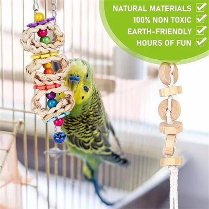 7PCS Parrot Bird Toy Set Natural Wooden Chew Cage Hanging Swing Boredom Relief
